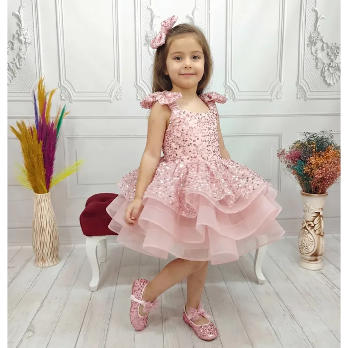 Pudra Çift Fiyonklu Taşlı Boncuklu Payetli Kabarık Elbise