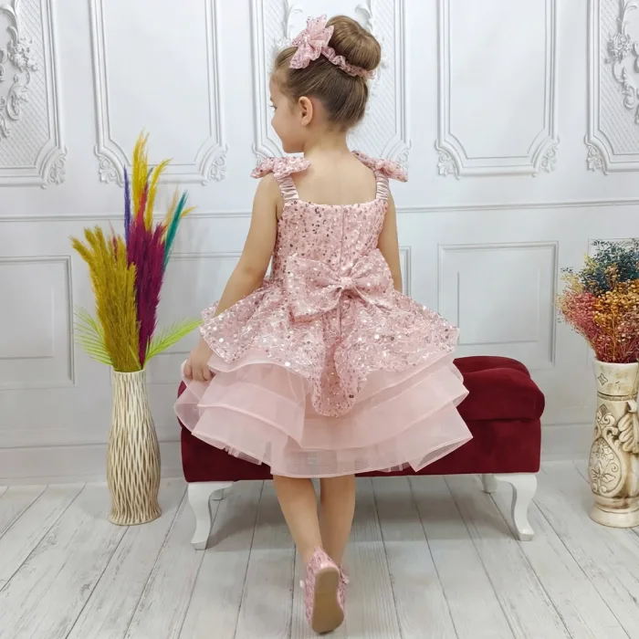 Pudra Çift Fiyonklu Taşlı Boncuklu Payetli Kabarık Elbise