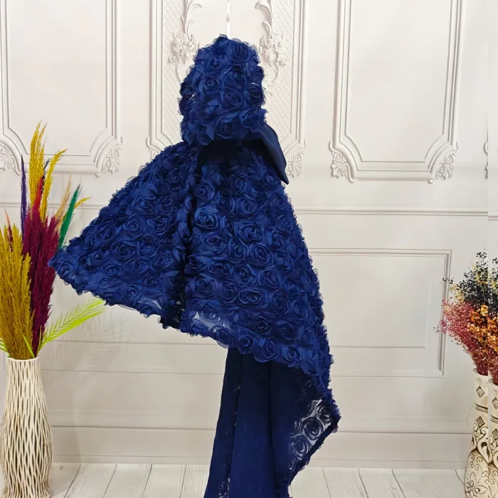 Lacivert Güllü Kuyruklu Kısa Kol Elbise Abiye Gelinlik