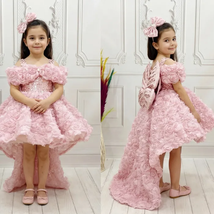 Pudra Pembesi Güllü Madonna Yaka Abiye+ Kelebek Seti Kuyruklu Kısa Kol Elbise Abiye Gelinlik