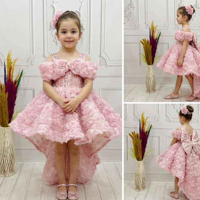 Pudra Pembesi Güllü Madonna Yaka Abiye+ Kelebek Seti Kuyruklu Kısa Kol Elbise Abiye Gelinlik