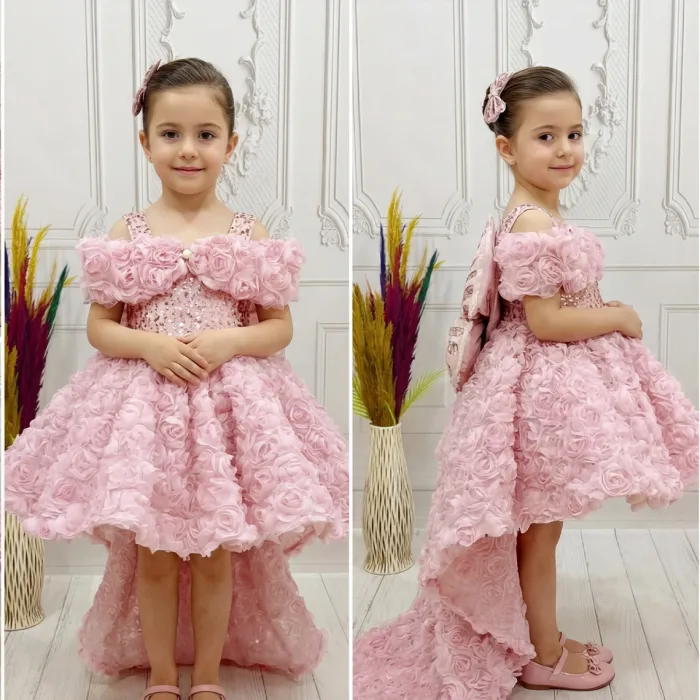 Pudra Pembesi Güllü Madonna Yaka Abiye+ Kelebek Seti Kuyruklu Kısa Kol Elbise Abiye Gelinlik