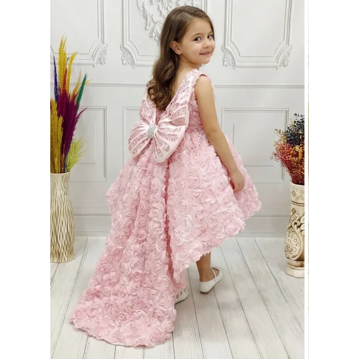 Pudra Pembesi Güllü Madonna Yaka Abiye+ Kelebek Seti Kuyruklu Kısa Kol Elbise Abiye Gelinlik