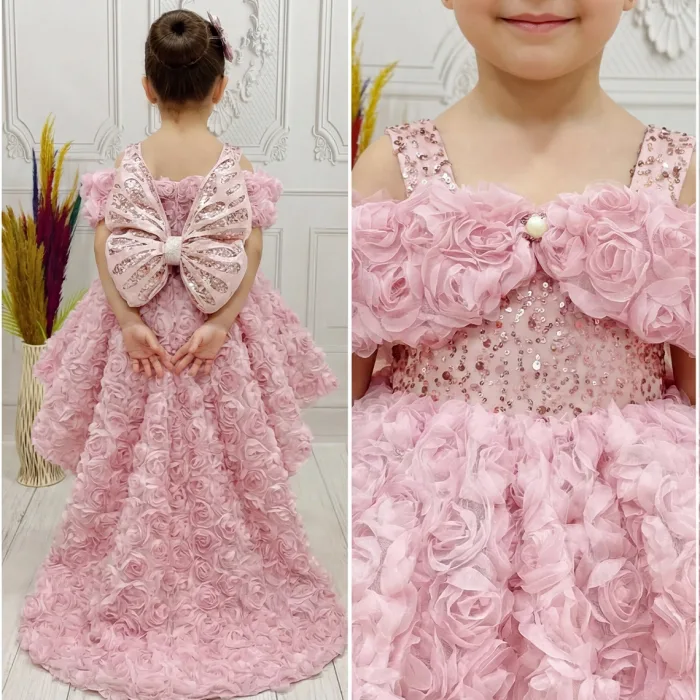 Pudra Pembesi Güllü Madonna Yaka Abiye+ Kelebek Seti Kuyruklu Kısa Kol Elbise Abiye Gelinlik