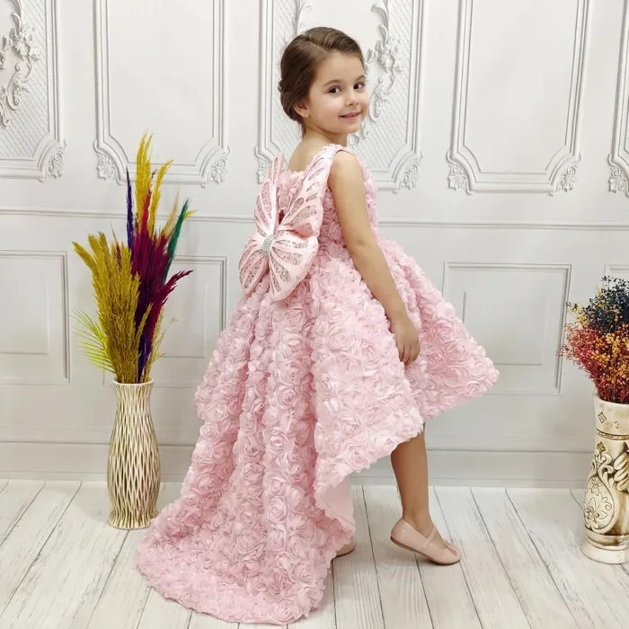 Pudra Pembesi Güllü Madonna Yaka Abiye+ Kelebek Seti Kuyruklu Kısa Kol Elbise Abiye Gelinlik