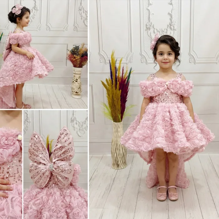 Pudra Pembesi Güllü Madonna Yaka Abiye+ Kelebek Seti Kuyruklu Kısa Kol Elbise Abiye Gelinlik