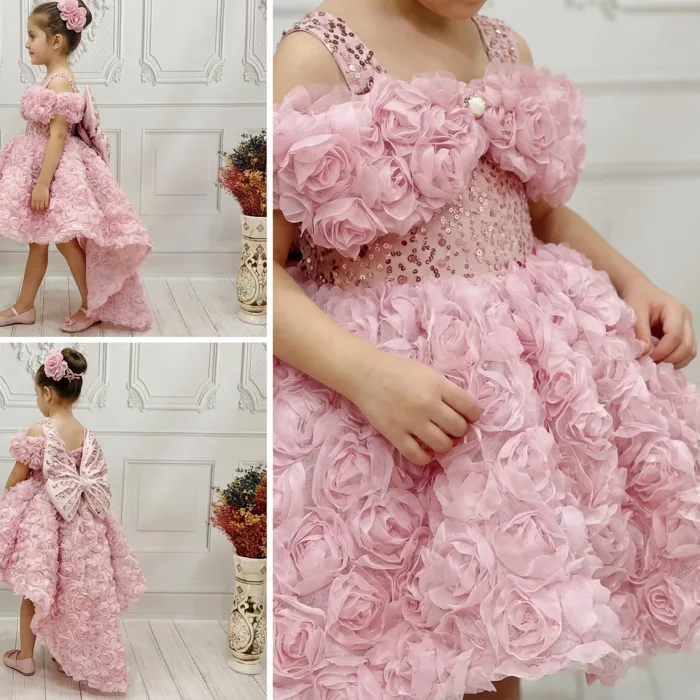 Pudra Pembesi Güllü Madonna Yaka Abiye+ Kelebek Seti Kuyruklu Kısa Kol Elbise Abiye Gelinlik