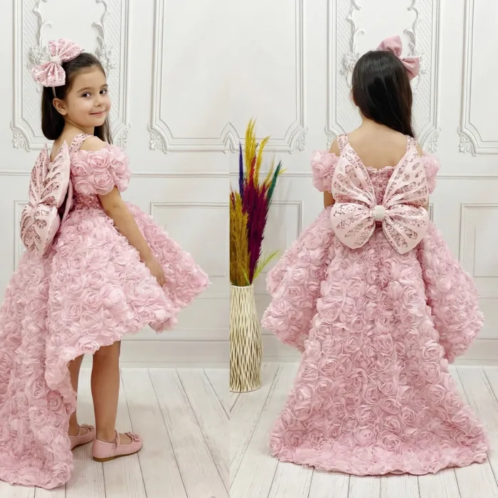 Pudra Pembesi Güllü Madonna Yaka Abiye+ Kelebek Seti Kuyruklu Kısa Kol Elbise Abiye Gelinlik