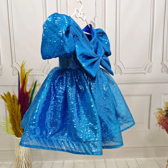 Saks Mavisi Payetli Kabarık Abiye Elbise Gelinlik