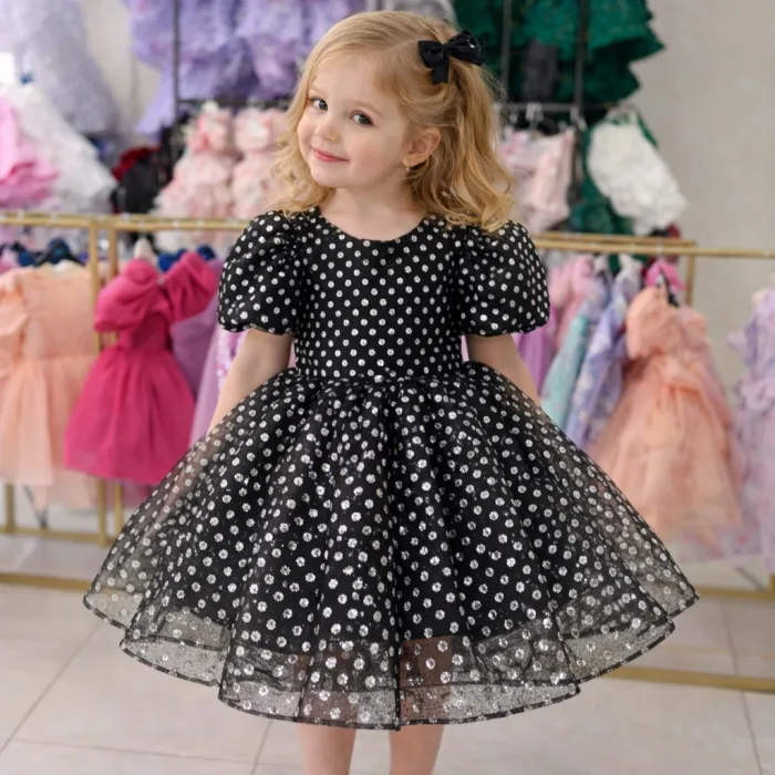 Siyah Beyaz Noktalı Parıltılı Kabarık Elbise