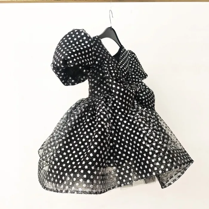 Siyah Beyaz Noktalı Parıltılı Kabarık Elbise