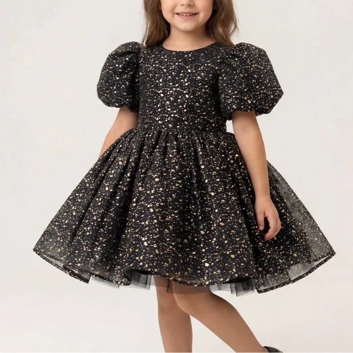 Siyah Gold Noktalı Parıltılı Kabarık Elbise