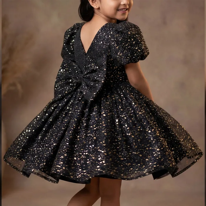Siyah Gold Noktalı Parıltılı Kabarık Elbise