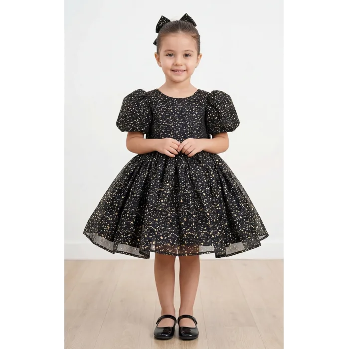 Siyah Gold Noktalı Parıltılı Kabarık Elbise