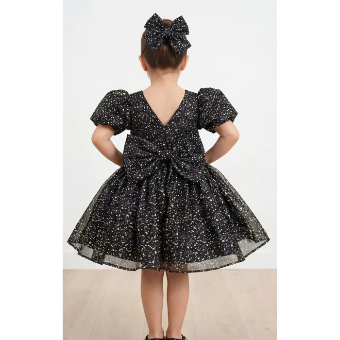 Siyah Gold Noktalı Parıltılı Kabarık Elbise