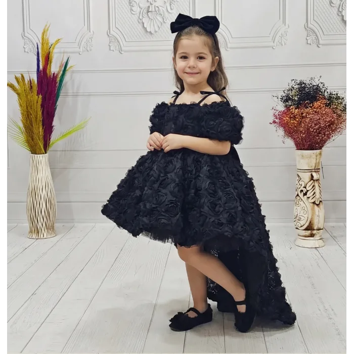 Siyah Güllü 3D Abiye Gelinlik +Kelebek Elbise