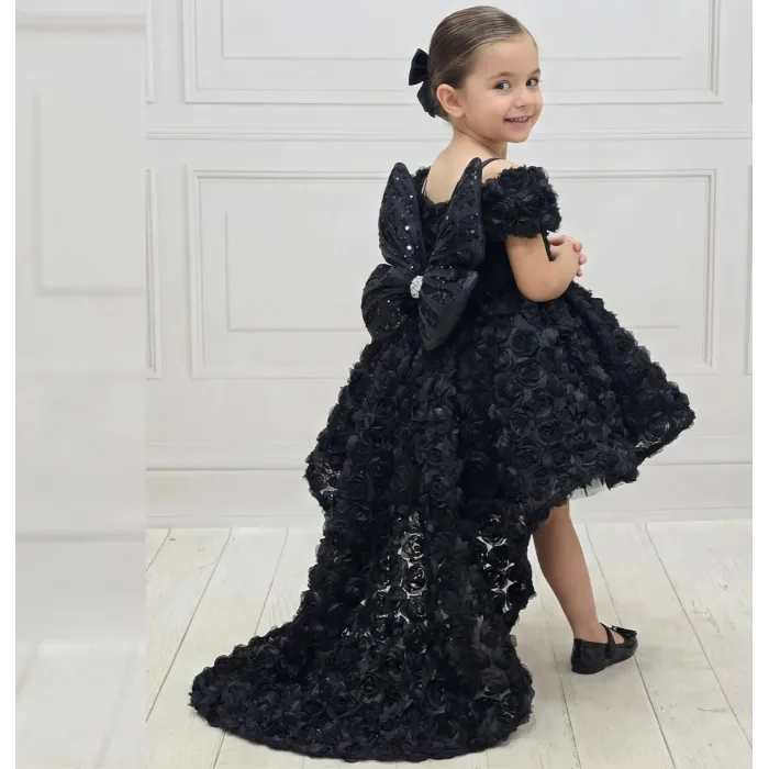 Siyah Güllü 3D Abiye Gelinlik +Kelebek Elbise