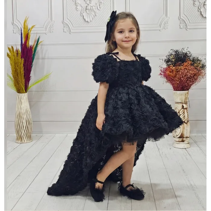 Siyah Güllü 3D Abiye Gelinlik +Kelebek Elbise