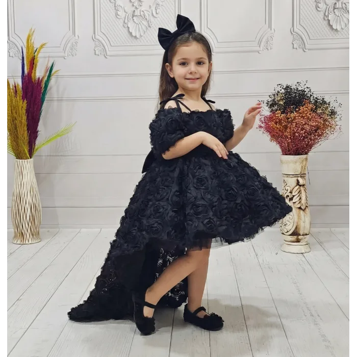 Siyah Güllü 3D Abiye Gelinlik +Kelebek Elbise