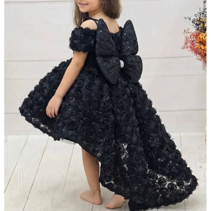 Siyah Güllü 3D Abiye Gelinlik +Kelebek Elbise