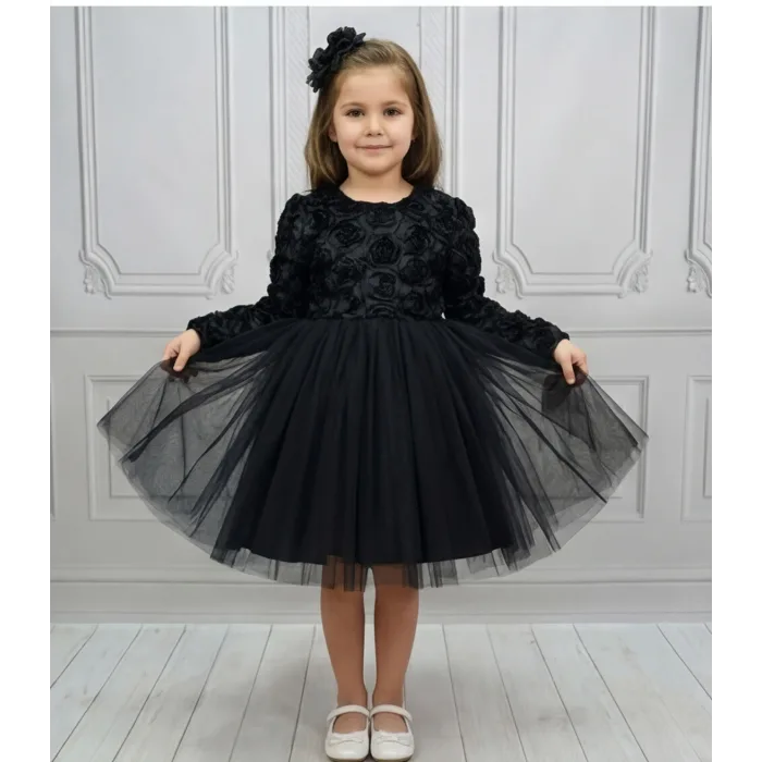 Siyah Güllü Desenli Kabarık Elbise Gelinlik Abiye