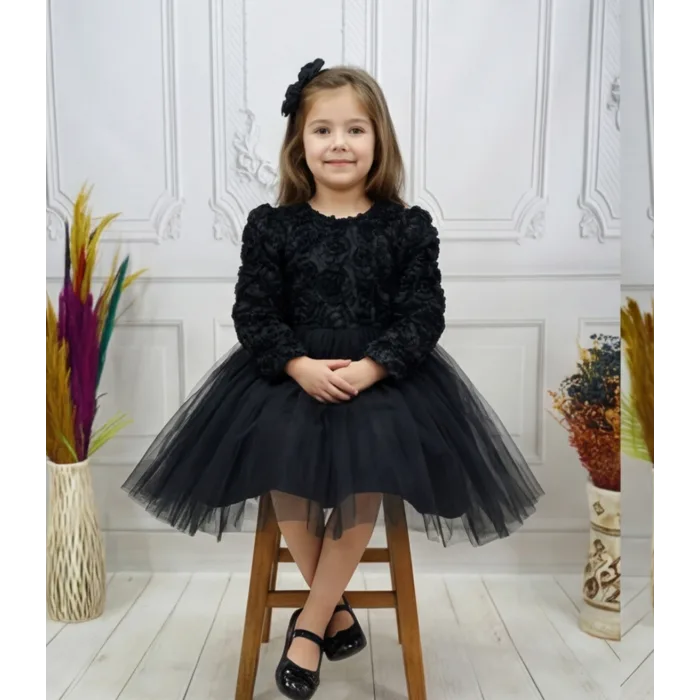 Siyah Güllü Desenli Kabarık Elbise Gelinlik Abiye