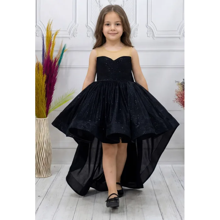 Siyah Kuyruklu Kadife Parıltılı Kabarık Elbise Abiye Gelinlik