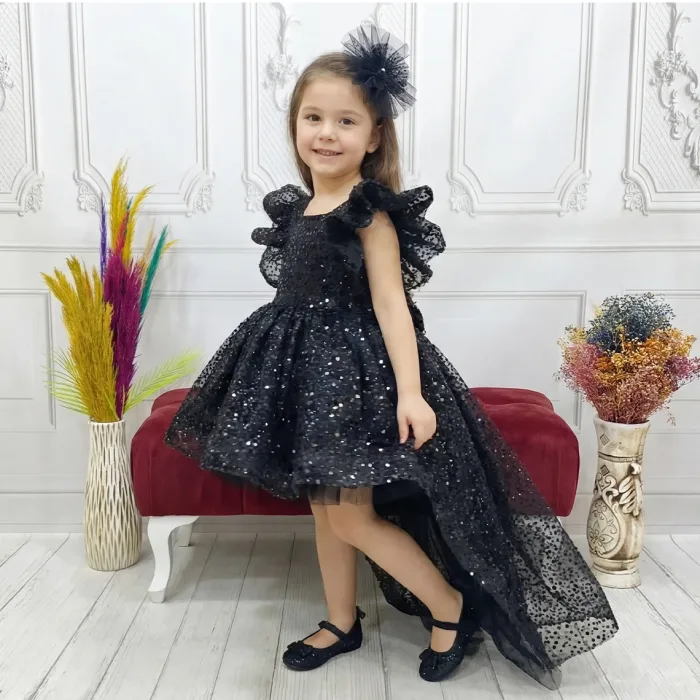Siyah Kuyruklu Taşlı Boncuklu + ayakkabı seti Payetli Fırfırlı Kabarık Elbise Abiye Gelinlik
