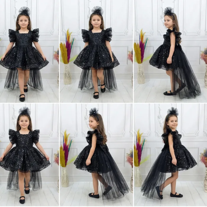 Siyah Kuyruklu Taşlı Boncuklu + ayakkabı seti Payetli Fırfırlı Kabarık Elbise Abiye Gelinlik