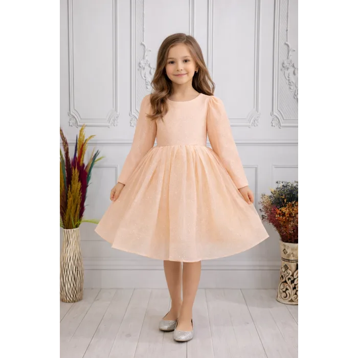 Somonı Parıltılı Kabarık Uzun Kol Elbise Gelinlik Abiye