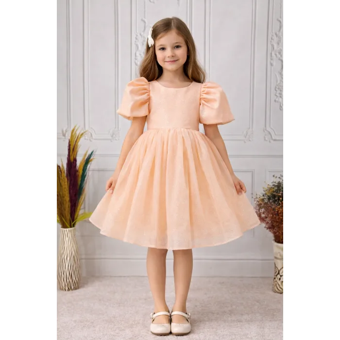 Somonı Parıltılı Simli Kısa Kol Kabarık Elbise Gelinlik Abiye