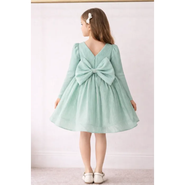 Su Yeşili Parıltılı Simli Uzun Kol Kabarık Parıltılı Elbise Gelinlik