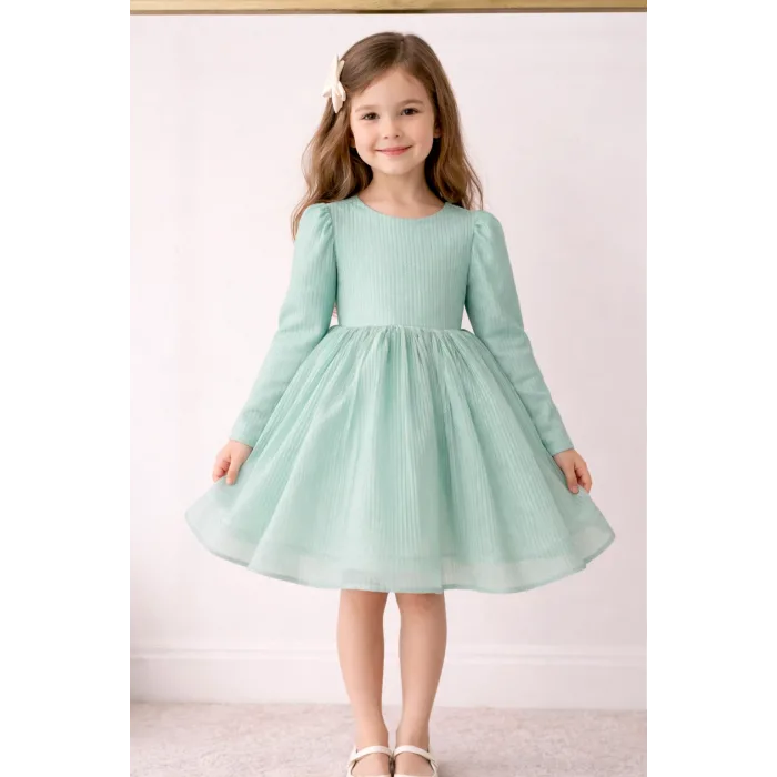 Su Yeşili Parıltılı Simli Uzun Kol Kabarık Parıltılı Elbise Gelinlik