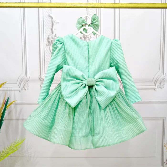 Su Yeşili Parıltılı sim Dökmez Uzun Kol Kabarık Parıltılı Elbise Gelinlik