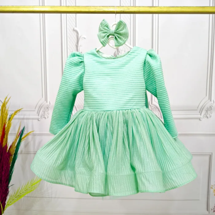 Su Yeşili Parıltılı sim Dökmez Uzun Kol Kabarık Parıltılı Elbise Gelinlik