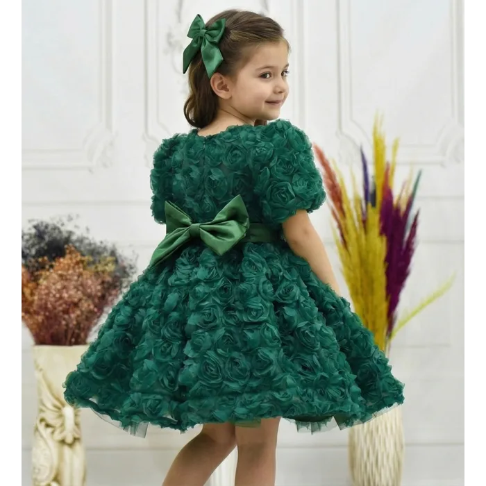 Zümrüt Yeşili Gül Desenli Kısa Kol Kabarık Elbise Abiye Gelinlik