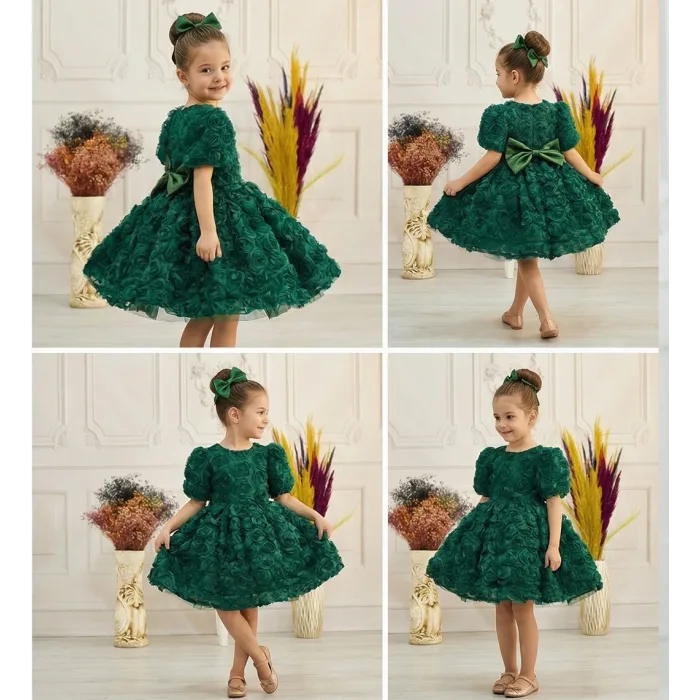 Zümrüt Yeşili Gül Desenli Kısa Kol Kabarık Elbise Abiye Gelinlik