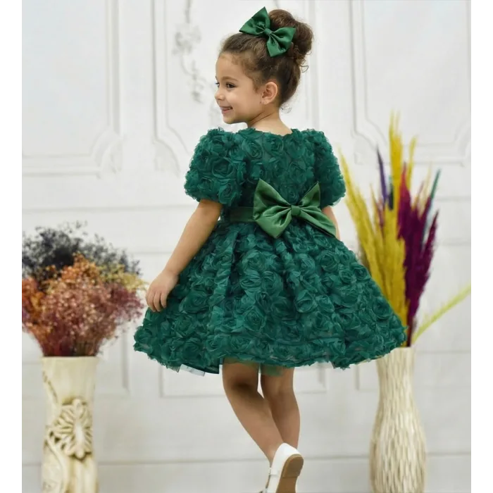 Zümrüt Yeşili Gül Desenli Kısa Kol Kabarık Elbise Abiye Gelinlik