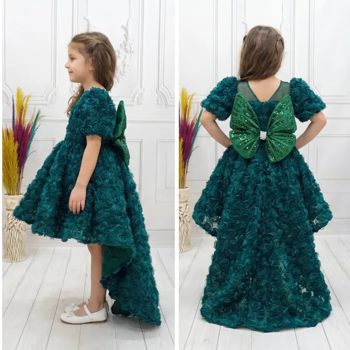 zümrüt Yeşili Güllüa Abiye+ Kelebek Seti Kuyruklu Kısa Kol Elbise Abiye Gelinlik