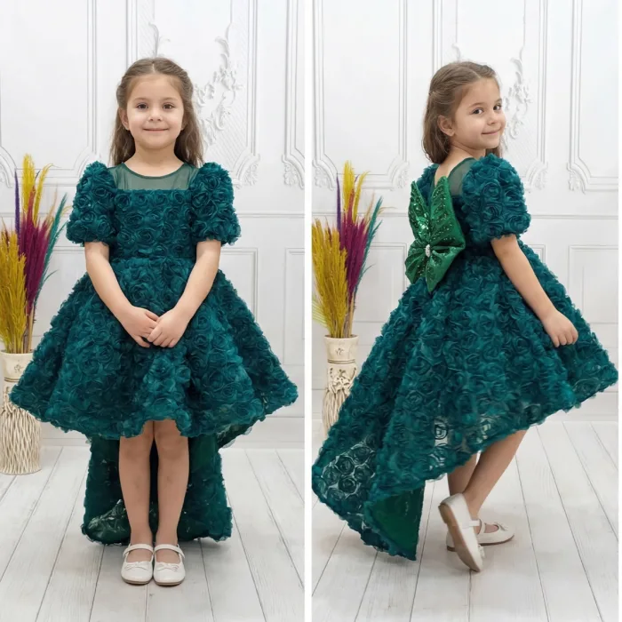 zümrüt Yeşili Güllüa Abiye+ Kelebek Seti Kuyruklu Kısa Kol Elbise Abiye Gelinlik