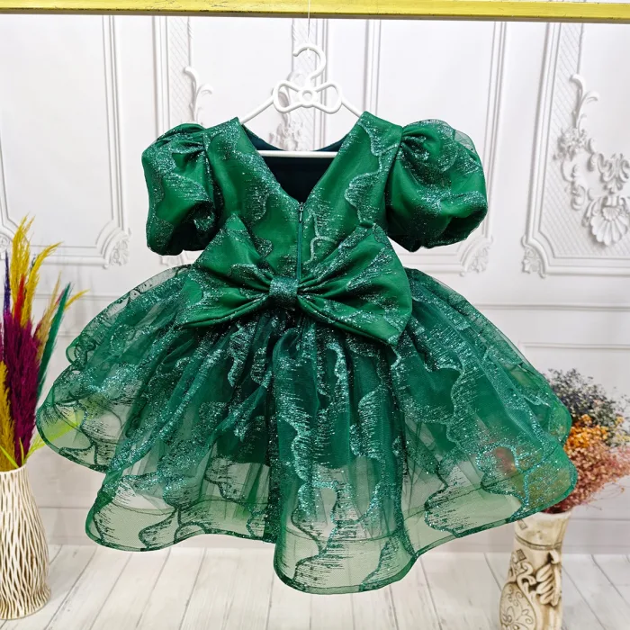 Zümrüt yeşili Parıltılı Kısa Kol Kabarık Abiye Elbise Gelinlik