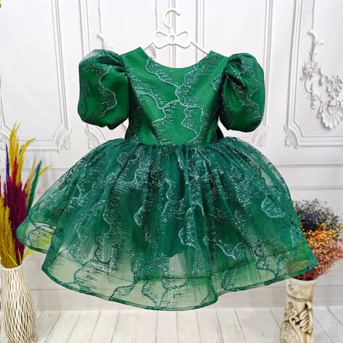 Zümrüt yeşili Parıltılı Kısa Kol Kabarık Abiye Elbise Gelinlik