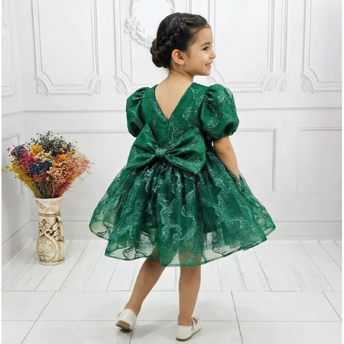 Zümrüt yeşili Parıltılı Kısa Kol Kabarık Abiye Elbise Gelinlik