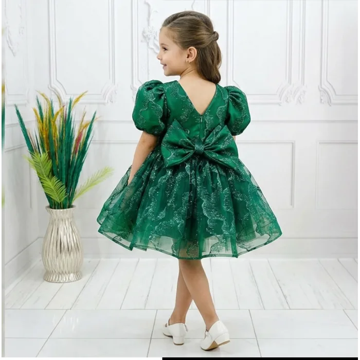 Zümrüt yeşili Parıltılı Kısa Kol Kabarık Abiye Elbise Gelinlik