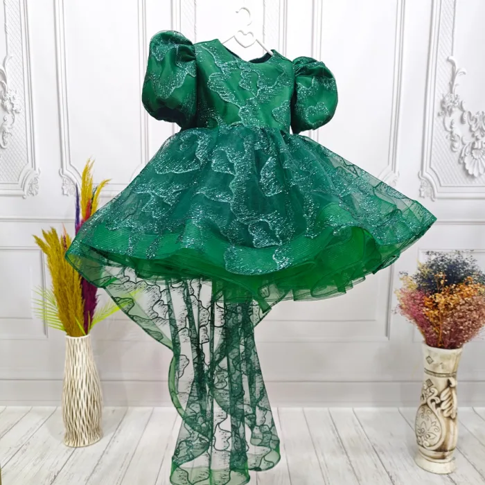 Zümrüt yeşili Parıltılı Kısa Kol Kabarık Kuyruklu Abiye Elbise Gelinlik