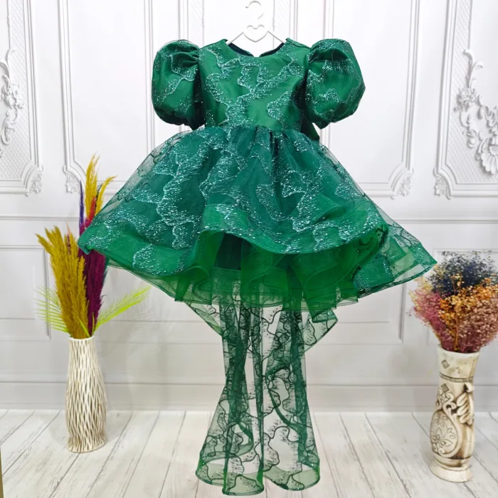 Zümrüt yeşili Parıltılı Kısa Kol Kabarık Kuyruklu Abiye Elbise Gelinlik