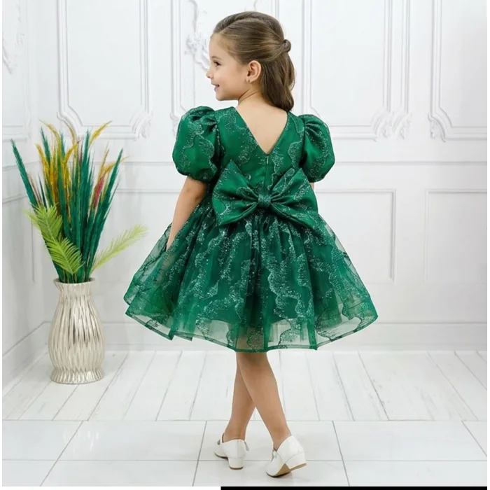 Zümrüt yeşili Parıltılı Kısa Kol Kabarık Abiye Elbise Gelinlik