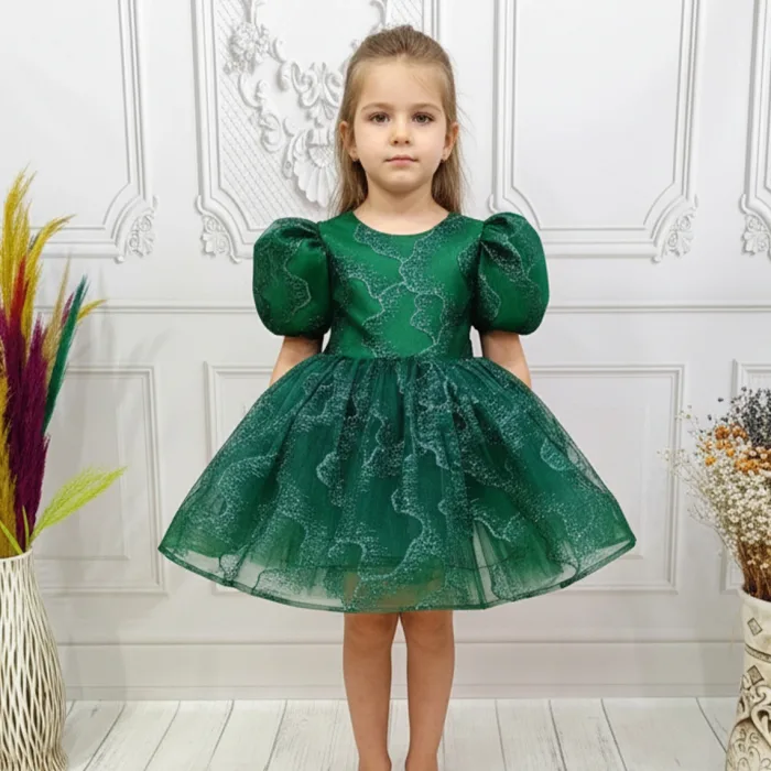 Zümrüt yeşili Parıltılı Kısa Kol Kabarık Abiye Elbise Gelinlik