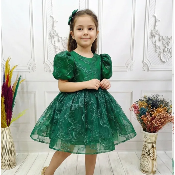 Zümrüt yeşili Parıltılı Kısa Kol Kabarık Abiye Elbise Gelinlik