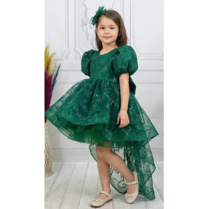 Zümrüt yeşili Parıltılı Kısa Kol Kabarık Kuyruklu Abiye Elbise Gelinlik